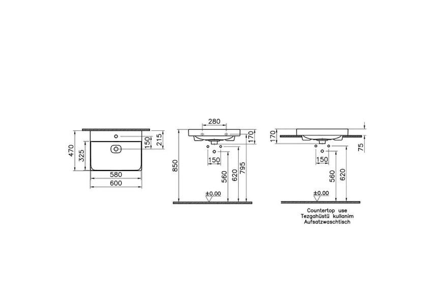 Vitra Metropole Lavabo 60x47 cm Tek Armatür Delikli, Su Taşma Delikli, Mat Beyaz - Vitra (1)