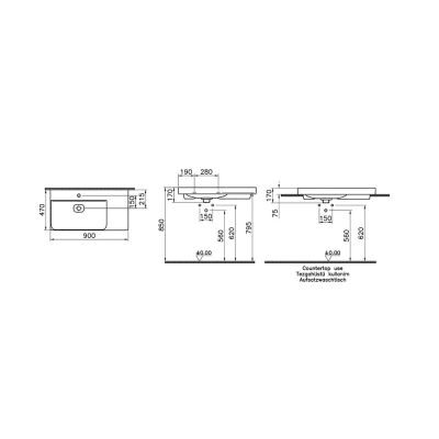 Vitra Metropole Lavabo 90x47 cm Tek Armatür Delikli, Su Taşma Deliksiz, Mat Beyaz - 2
