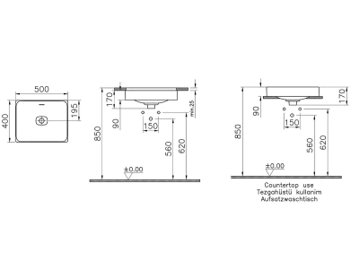 Vitra Metropole Tezgahaltı Lavabo Dikdörtgen, 50x40 cm Armatür Deliksiz, Su Taşma Deliksiz, Mat Taş Gri - 2