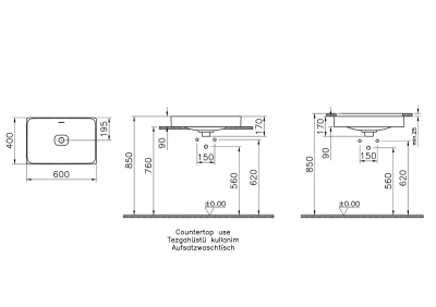 Vitra Metropole Tezgahaltı Lavabo Dikdörtgen, 60x40 cm Armatür Deliksiz, Su Taşma Deliksiz, Taupe - 2