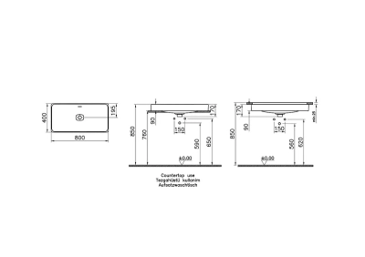 Vitra Metropole Tezgahaltı Lavabo Dikdörtgen, 80x40 cm Armatür Deliksiz, Su Taşma Deliksiz, Mat Taş Gri - 2