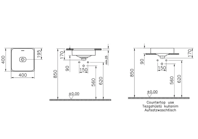 Vitra Metropole Tezgahaltı Lavabo Kare, 40x40 cm Armatür Deliksiz, Su Taşma Delikli, Mat Taş Gri - 2