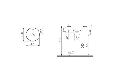 Vitra Metropole Tezgahaltı Lavabo Yuvarlak, 40x40 cm Armatür Deliksiz, Su Taşma Deliksiz, Mat Taş Gri - 2