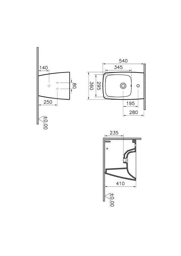 Vitra Metropole Yerden Bide Duvara Tam Dayalı, 54 cm Tek Armatür Delikli, Su Taşma Delikli, Yanlardan Deliksiz, Beyaz - Vitra (1)