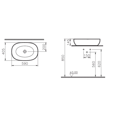 Vitra Outline Çanak Lavabo Oval, 60x40 cm Armatür Deliksiz, Su Taşma Deliksiz, Clean, Mat Siyah - 3