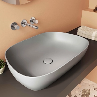 Vitra Outline Çanak Lavabo Tv Şekilli, 60x41 cm Armatür Deliksiz, Su Taşma Deliksiz, Clean, Mat Taş Gri - 2