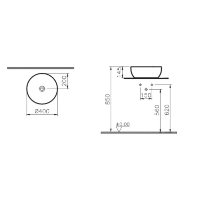 Vitra Outline Çanak Lavabo Yuvarlak, 40x40 cm Armatür Deliksiz, Su Taşma Deliksiz, Clean, Mat Siyah - 4