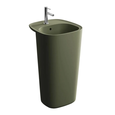 Vitra Plural Monoblok Lavabo Kompakt, 50x53 cm Tek Armatür Delikli, Su Taşma Delikli, Clean, Mat Yosun Yeşili - 1
