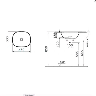 Vitra Plural Tezgahaltı Lavabo Üçgen, Kompakt, 45x40 cm Armatür Deliksiz, Su Taşma Deliksiz, Clean, Mat Beyaz - 2