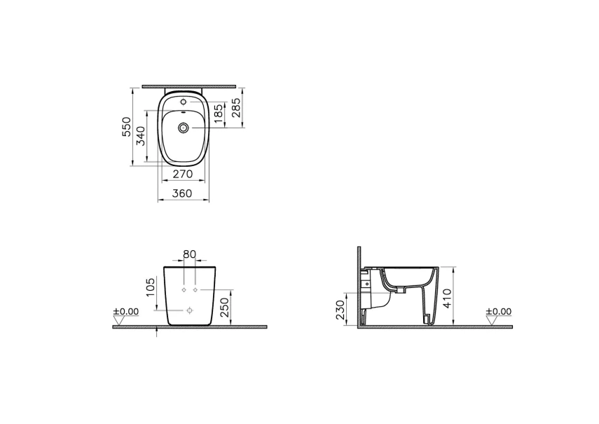 Vitra Plural Yerden Bide Duvara Tam Dayalı, 55 cm Tek Armatür Delikli, Su Taşma Delikli, Yanlardan Deliksiz, Clean, Mat Beyaz - Vitra (1)
