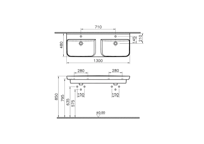 Vitra Sento Etajerli Lavabo 130x49 cm Tek Armatür Delikli, Su Taşma Delikli, Beyaz - 4