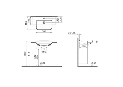 Vitra Sento Yarım Tezgah Lavabo 55x46 cm Tek Armatür Delikli, Su Taşma Delikli, Beyaz - 2