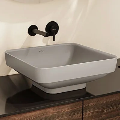 Vitra Water Jewels Çanak Lavabo Kare, Kompakt, 40x39 cm Armatür Deliksiz, Su Taşma Deliksiz, Mat Taş Gri - 1