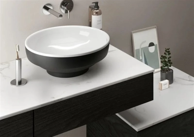 Vitra Water Jewels Çanak Lavabo Yuvarlak, Kompakt, 40x40 cm Armatür Deliksiz, Su Taşma Deliksiz, Clean, Siyah Beyaz - 2
